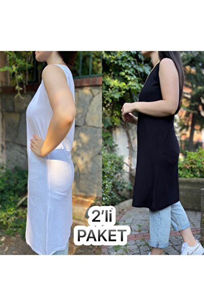 Betimoda Women's Zero Sleeve Combed Cotton Long Tunic Underwear Black White 2 Pieces