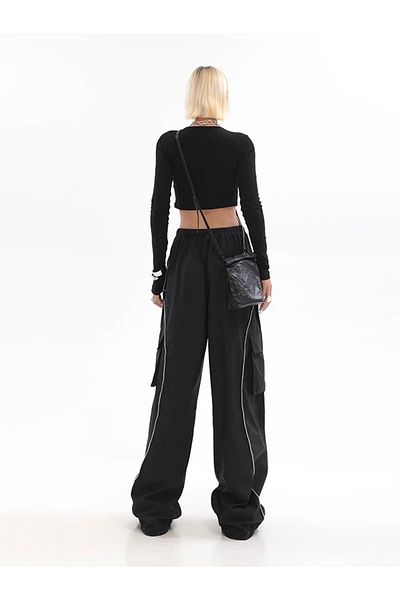 Köstebek Black Elastic Jogger Pants with White Stripe Detail Cargo Pockets