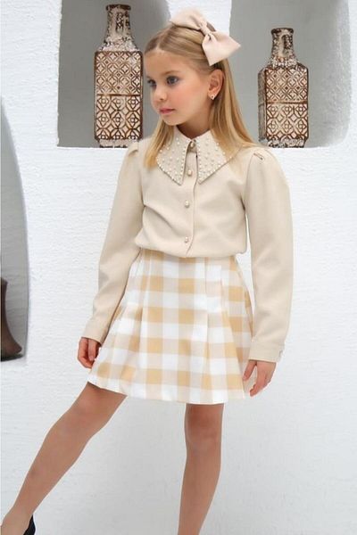 Riccotarz Girl's Pearl Detailed Long Sleeve Shirt with Plaid Patterned Cream Skirt Suit
