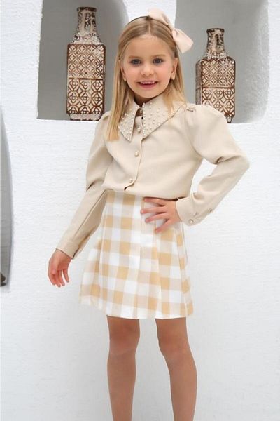 Riccotarz Girl's Pearl Detailed Long Sleeve Shirt with Plaid Patterned Cream Skirt Suit