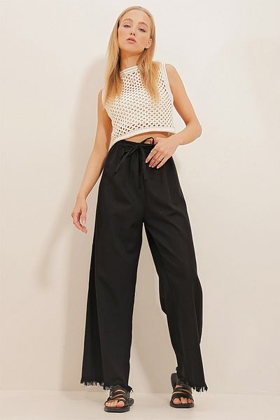 Trend Alaçatı Stili Pantaloni Palazzo Jean cu talie înaltă, negri, cu ciucuri ALC-X8930