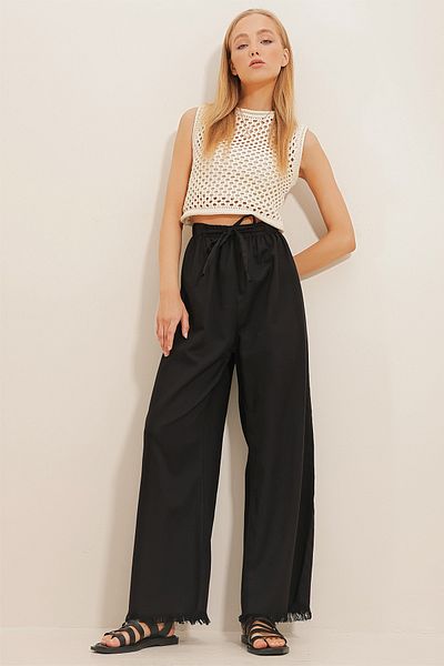 Trend Alaçatı Stili Pantaloni Palazzo Jean cu talie înaltă, negri, cu ciucuri ALC-X8930