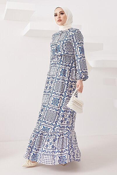 InStyle Sivena virágmotívumú viszkóz hidzsáb ruha - indigó