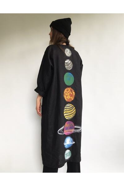 Hello Stranger Siyah Keten Kimono Kaftan Gezegenler Uzay