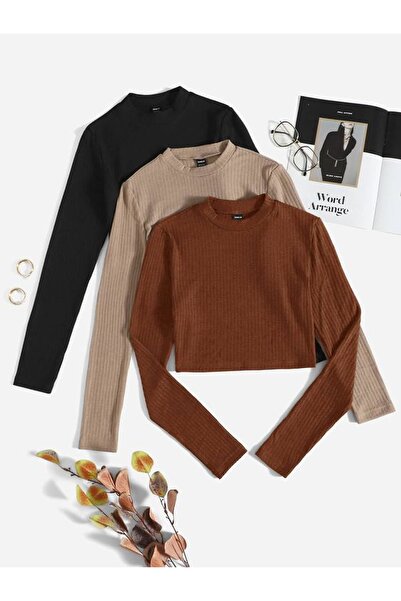 ÖZ PAMUK Kadın 3 lü Adet Fitilli %100 PAMUKLU Bisiklet Yaka Örme Kaşkorse Uzun Kol Crop Bluz