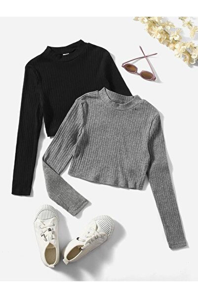 ÖZ PAMUK Γυναικεία 2 τεμάχια κορδόνι 100% ΒΑΜΒΑΚΙ Crew λαιμόκοψη πλεκτή καμισόλα μακρυμάνικη μπλούζα Crop