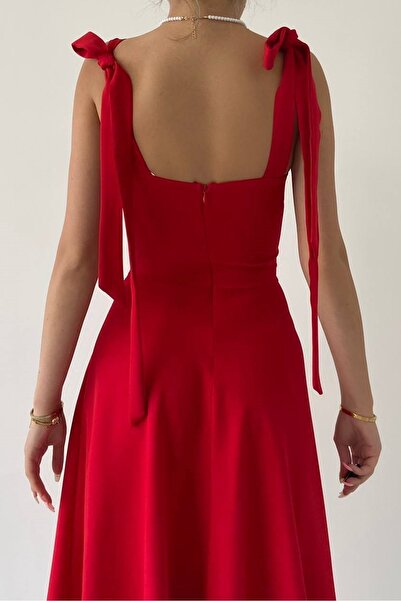 lovebox Atlas Fabric Chest Filled Lace Strap Midi Length Flared Cut Red Evening Dress 166