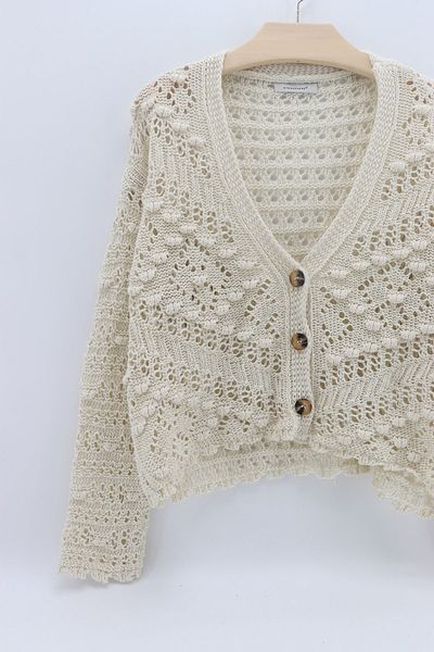 macharelbasic women's pompom detailed patterned seasonal summer buttoned cardigan cream