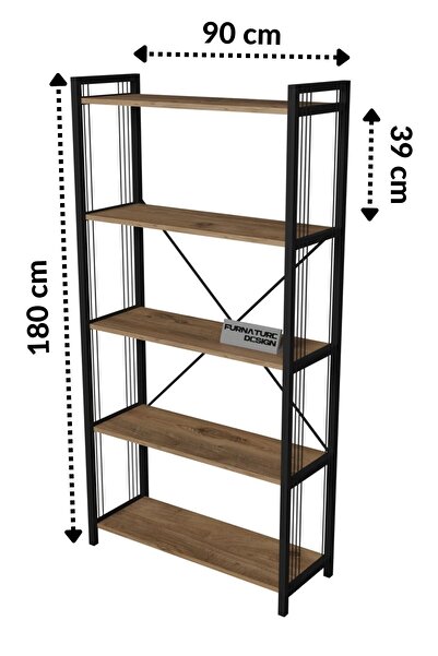 CMKStore Metal Kitaplık 5 Raflı 180 cm Telli Büyük Kitaplık Atlantik Çam