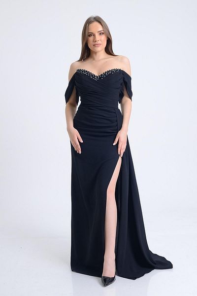 SpringStore Black Jewelled Collar Crepe Evening Dress