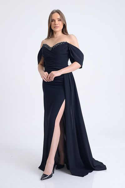 SpringStore Black Jewelled Collar Crepe Evening Dress