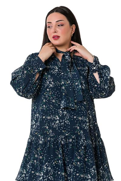 DISENTIS MODEST Φούστα Plus Size Layered Navy Blue White Floral επένδυση στο πάτωμα σιφόν φόρεμα
