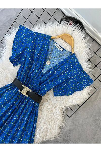 modabetce Rochie de dama din vascoza albastru cu guler dublu cu imprimeu floral