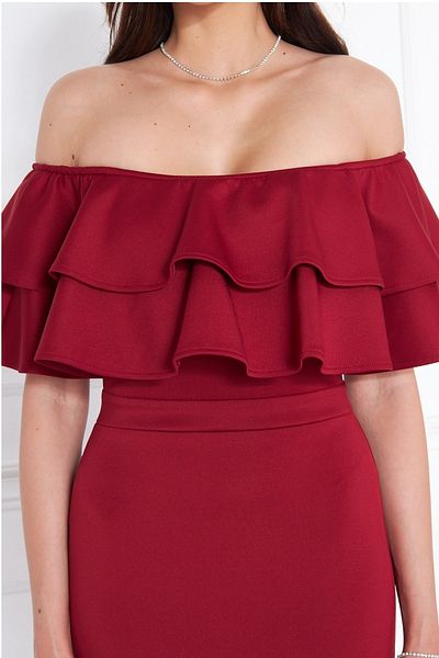 bayansepeti Flexible Diving Fabric Flounce Detailed Design Collar Midi Burgundy Pencil Evening Dress 164