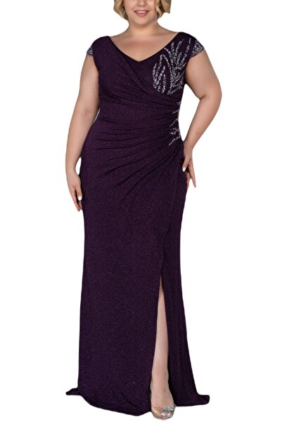 Arden Büyük Beden Uzun Abiye Simli Taş Detay Kruvaze, V Yaka Uzun Elbise, Şık...