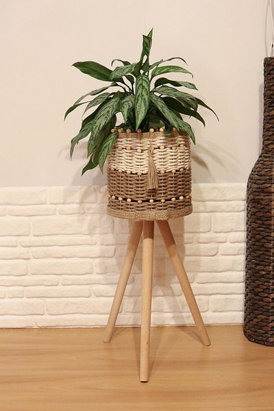 Monchi 46 cm Natural Beaded Jute Braid Wooden Wicker Basket - Flower Pot