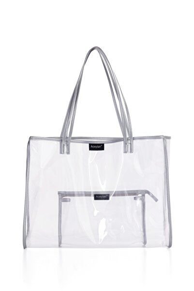 ACEYLAN Şeffaf İkili Plaj Çantası/Gri Detaylı