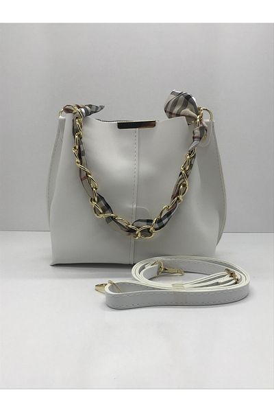 BAGTOPİA Geanta de dama din piele moale - cu esarfa, accesorii lant, 3 compartimente, pentru brat si umar