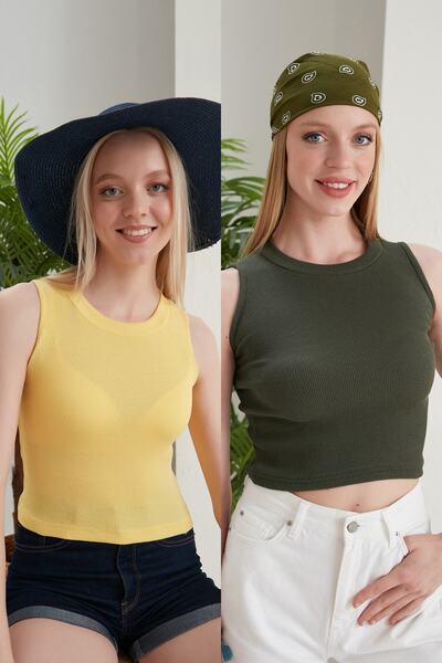 Seise Tekstil Γυναικεία μπλούζα με λαιμόκοψη με ραβδώσεις 2 συσκευασιών Crop