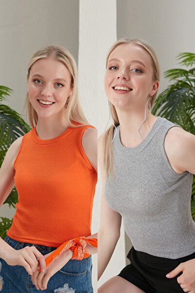 Seise Tekstil Γυναικεία Crop Μπλούζα με ραβδώσεις - Πακέτο 2, γιακάς