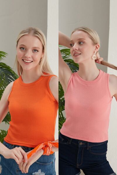 Seise Tekstil Γυναικεία Crop Μπλούζα με ραβδώσεις - Πακέτο 2, γιακάς