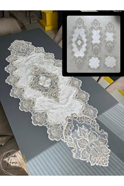 Sevda Home Collection Buz 5 Parça Gri Gold Kadife Fransız Güpürlü Salon Takım...