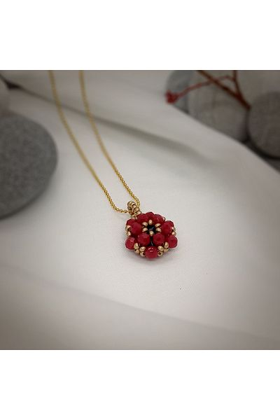 Sam Red-Yellow Cevşen Necklace with Chain / Handcrafted Crystal Bead Knitted /