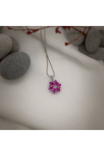 Sam Pink-Silver Cevşen Necklace with Chain / Handcrafted Crystal Bead Knitted /