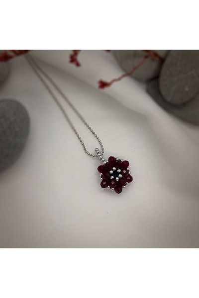 Sam Burgundy-Silver Cevşen Necklace - Chain / Handcrafted Crystal Bead Knitted /