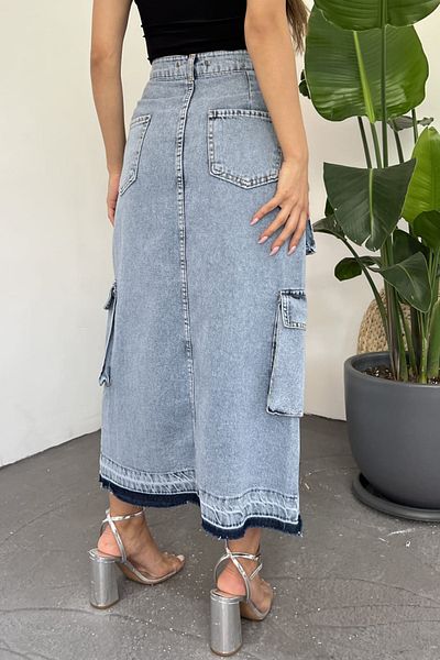 fehika Fustă de denim cu creion, cu franjuri, ruptă, cu mai multe buzunare cargo