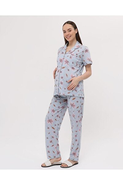 Nehir tekstil Penye Önden Düğmeli Hamile Lohusa Kısa Kol Pijama Takımı