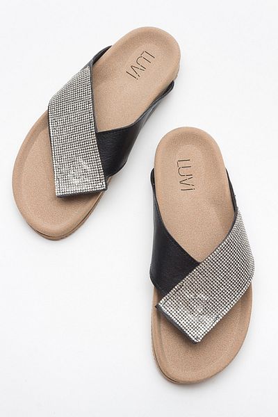 LuviShoes BEEN Black Stone Leather Women's Flip Flops