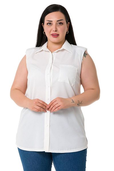 DISENTIS MODEST Large Size Single Pocket Padded Sleeveless White Shirt