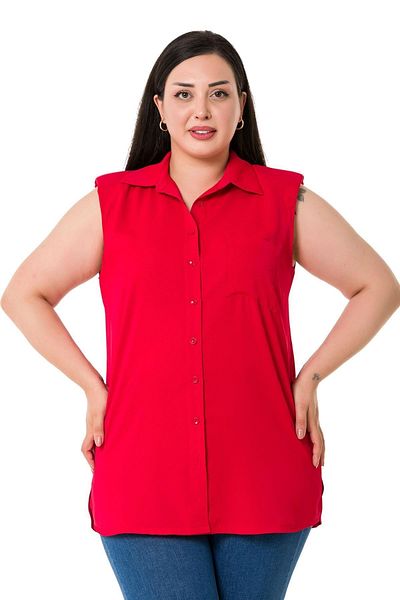 DISENTIS MODEST Large Size Single Pocket Padded Sleeveless Red Shirt