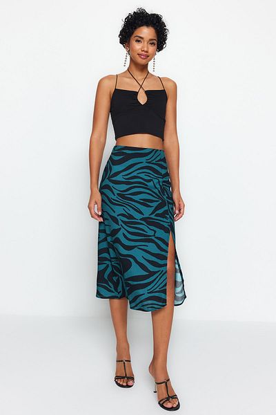 Trendyol Collection Benzin hasított viszkóz szövet állatmintás midi szőtt szoknya TWOAW22ET0447