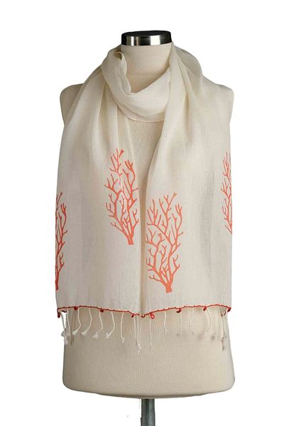 Dosimira Hand Painted Stone Print Thin Coral Cotton Scarf - Red