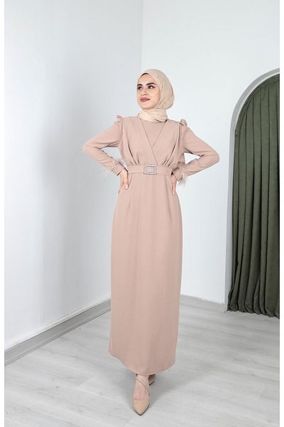 Aranlı tekstil Φόρεμα Hijab μανίκια σε μορφή μολυβιού με λεπτομέρεια από πούπουλα