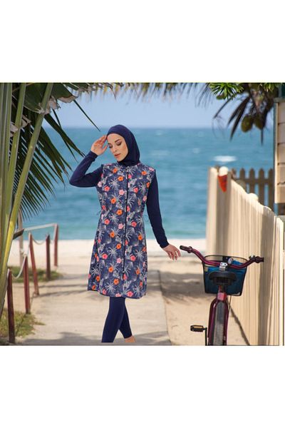 Shopiolog Long Micro Sleeve Floral Patterned Full Hijab Swimsuit