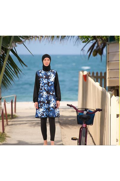 Shopiolog Long Micro Sleeve Floral Patterned Full Hijab Swimsuit
