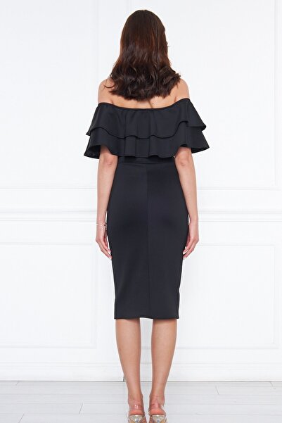 bayansepeti Esnek Dalgıç Kumaş Volan Detaylı Tasarım Yaka Midi Siyah Kalem Abiye Elbise 164