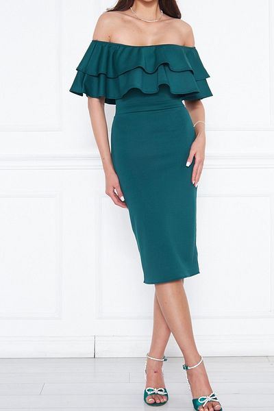 bayansepeti Rochie de seară tip creion midi smarald cu guler cu design detaliat din material flexibil pentru scufundări 164