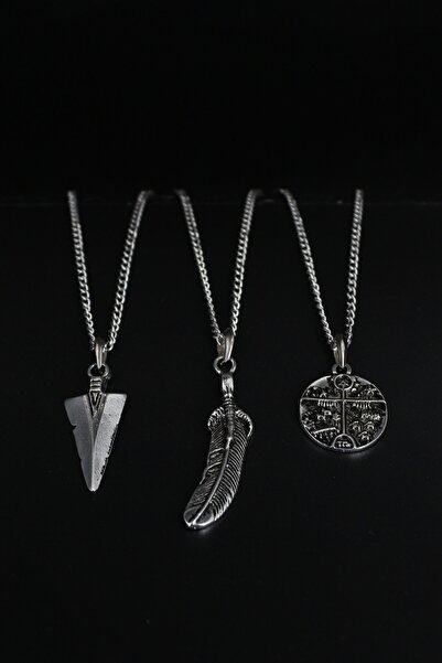 3-Piece Triagle Spear Arrowhead, Feather and Shaman Drum Necklace Set