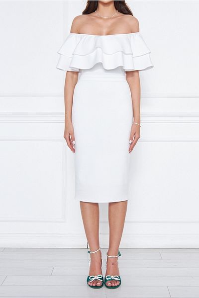 lovebox Rochie creion midi din țesătură flexibilă de scufundări albă cu design detaliat cu volan 164