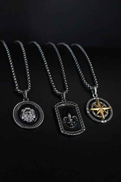 Dukkanka 3'lü Mineli Aslan, As Künye Ve Çift Renk Pusula Yıldız Kalın Zincir ...