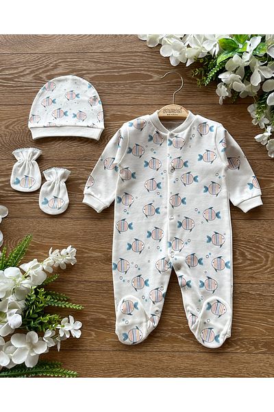 Renkli Puset 100% Organic Cotton 3 Piece Baby Rompers with Hat and Gloves
