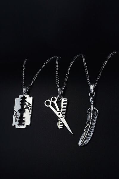 Dukkanka 3'lü Berber Makas Desenli Jilet Ve Yaprak Erkek Kolye Seti