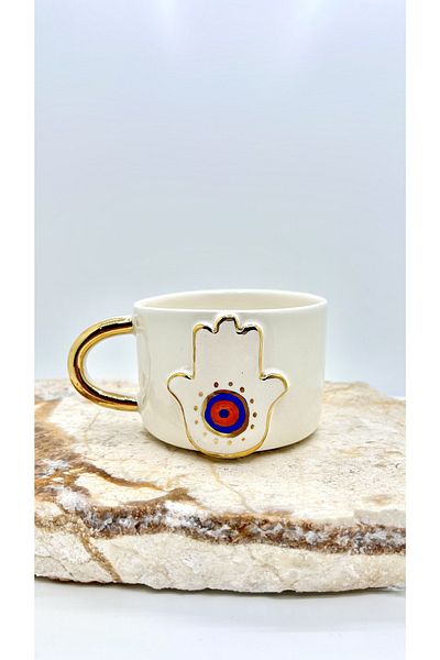 Port Aksesuar Fatma's Hand 24K Gold Decorated Handmade Ceramic Mug 220mL