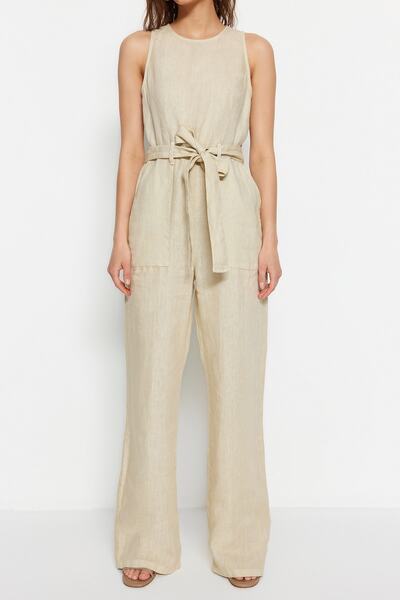 Trendyol Collection Beige Linen Belted Denim Jumpsuit