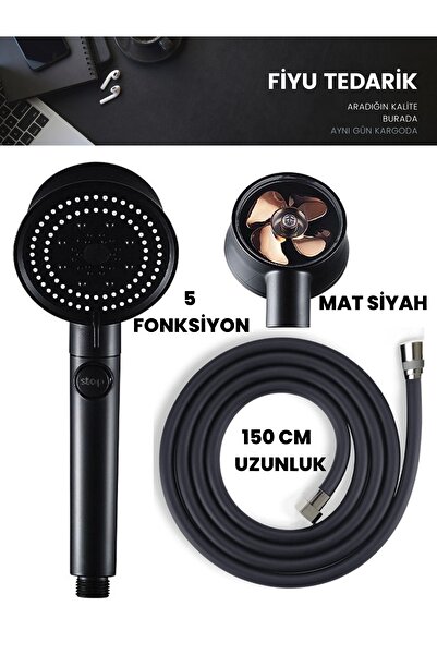 FİYU TEDARİK Stoplu Turbo Pervaneli Mat Siyah Duş Başlığı & Mat Siyah Duş Hor...