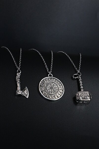 Dukkanka 3'lü Viking Balta, Pusula Ve Thor Çekiç Kolye Seti